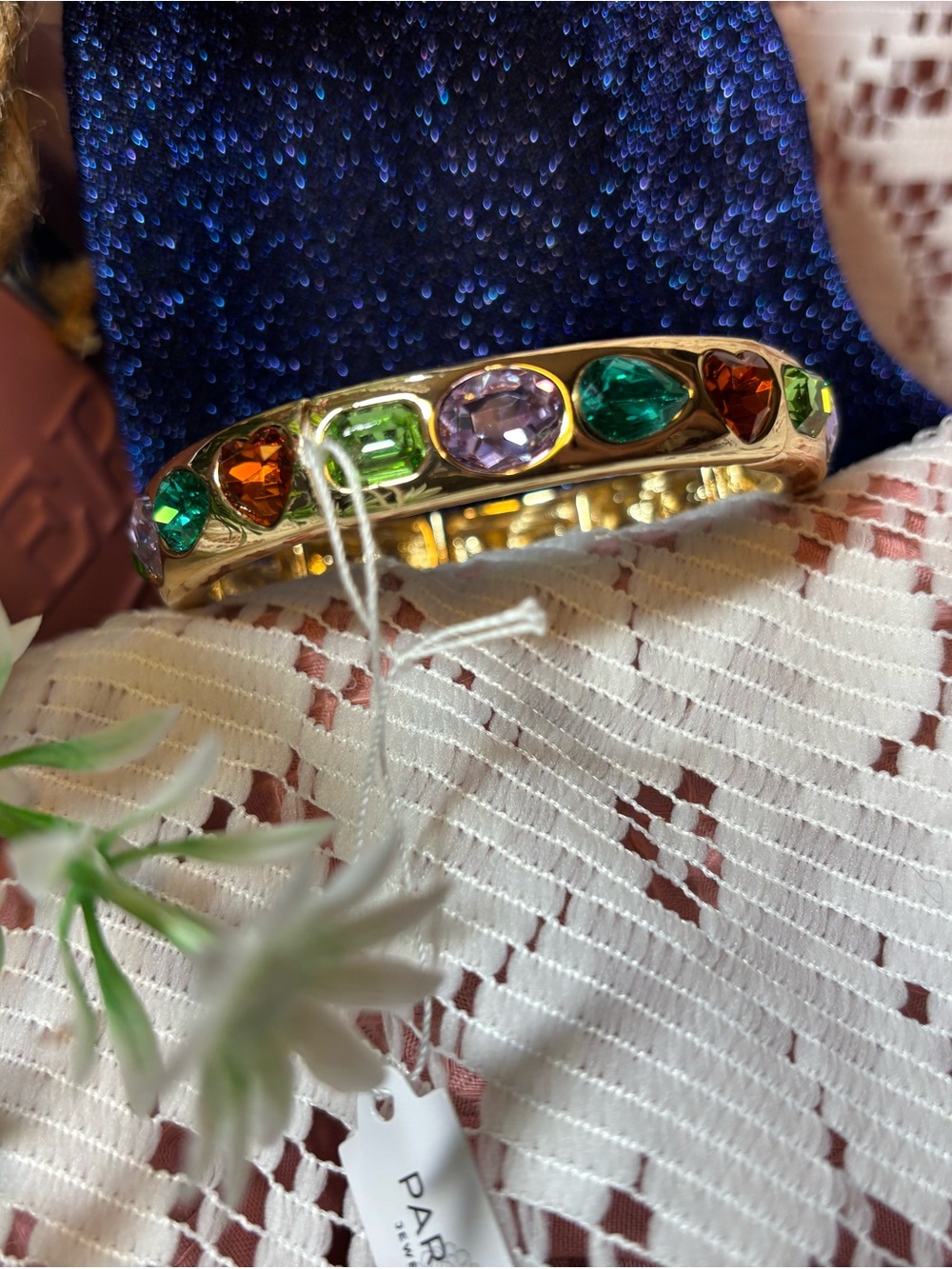 Striking Mosaic Gold-Tone Multicolor Gemstone Bangle Bracelet Heart Crystal Pear